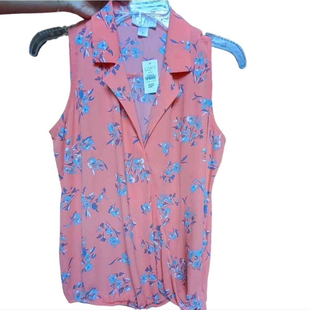 LOFT Coral Floral Sleeveless Blouse with tie
